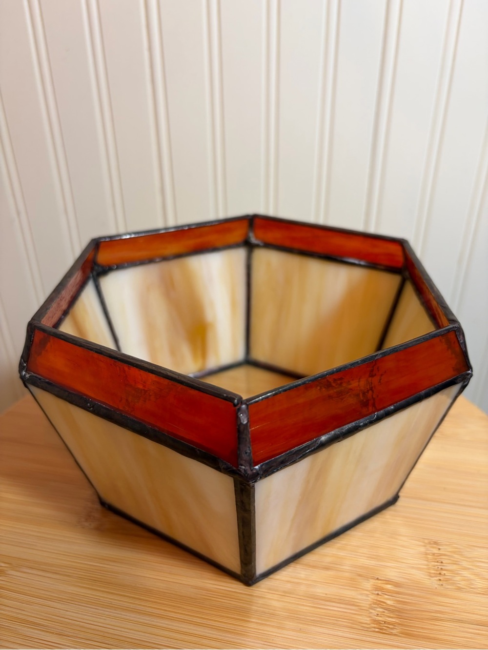 Amber & Cream Tiffany Style Candle & Tea light Holder/Trinket or Potpourri Dish